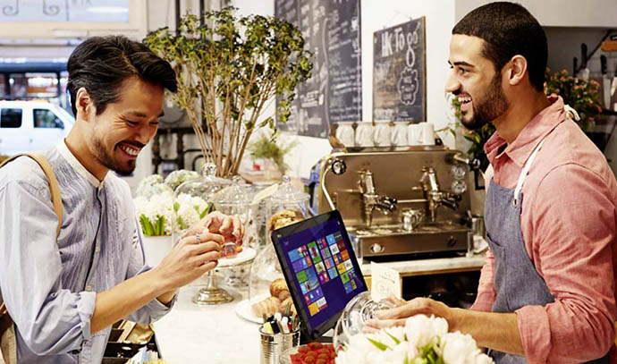 happy customer conversation sales clerk coffee shop screen desktop